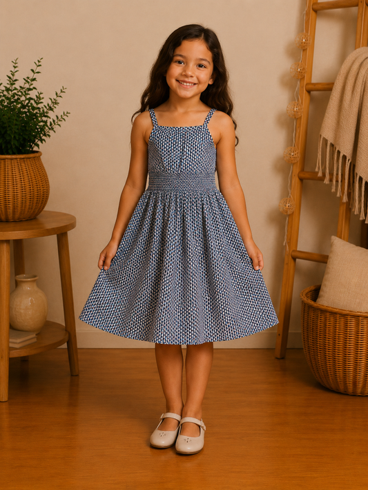 Robe fille d'Été à Bretelles Imprimé Géométrique et Finition Dentelle – Bleue
