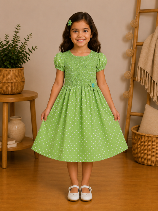 Robe Fille Verte à Pois Blancs et Buste Smocké – Chloé
