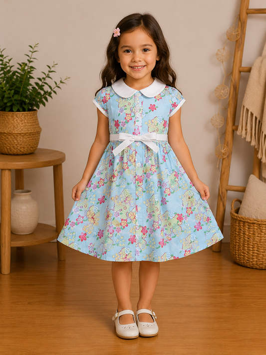 Robe fille d'été à motif floral et col Claudine – Fleurie Ciel