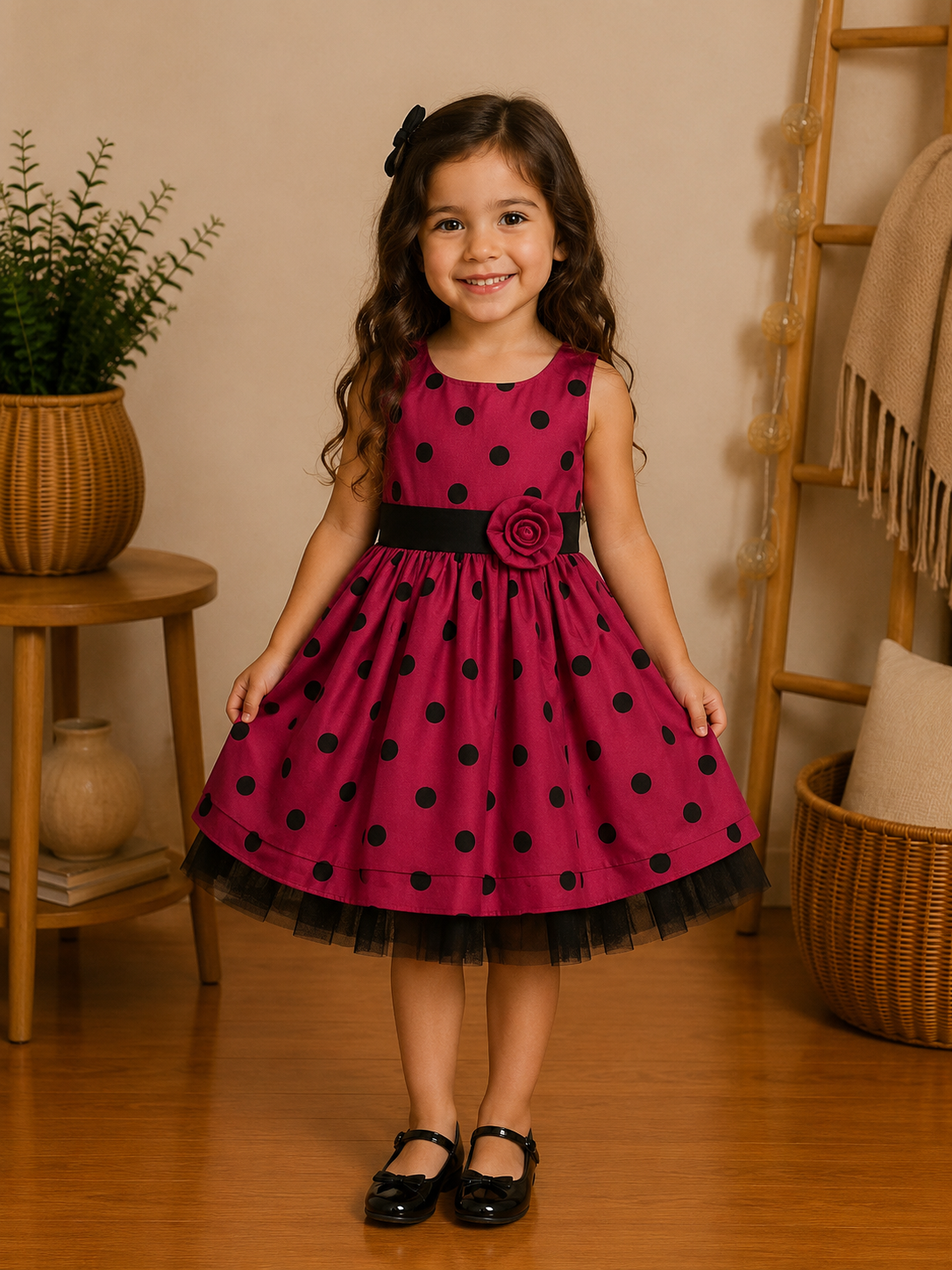 Robe Fille Rouge Framboise à Pois Noirs – Élégance et Charme Intemporel
