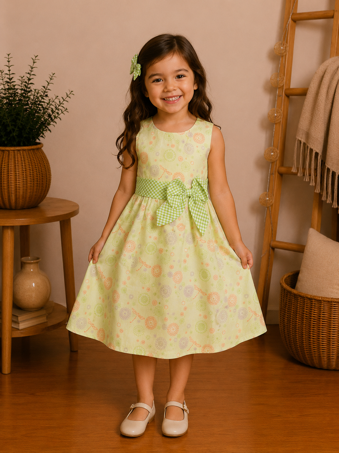 Robe Fille Vert Pastel avec Nœud Décoratif – Douceur et Élégance