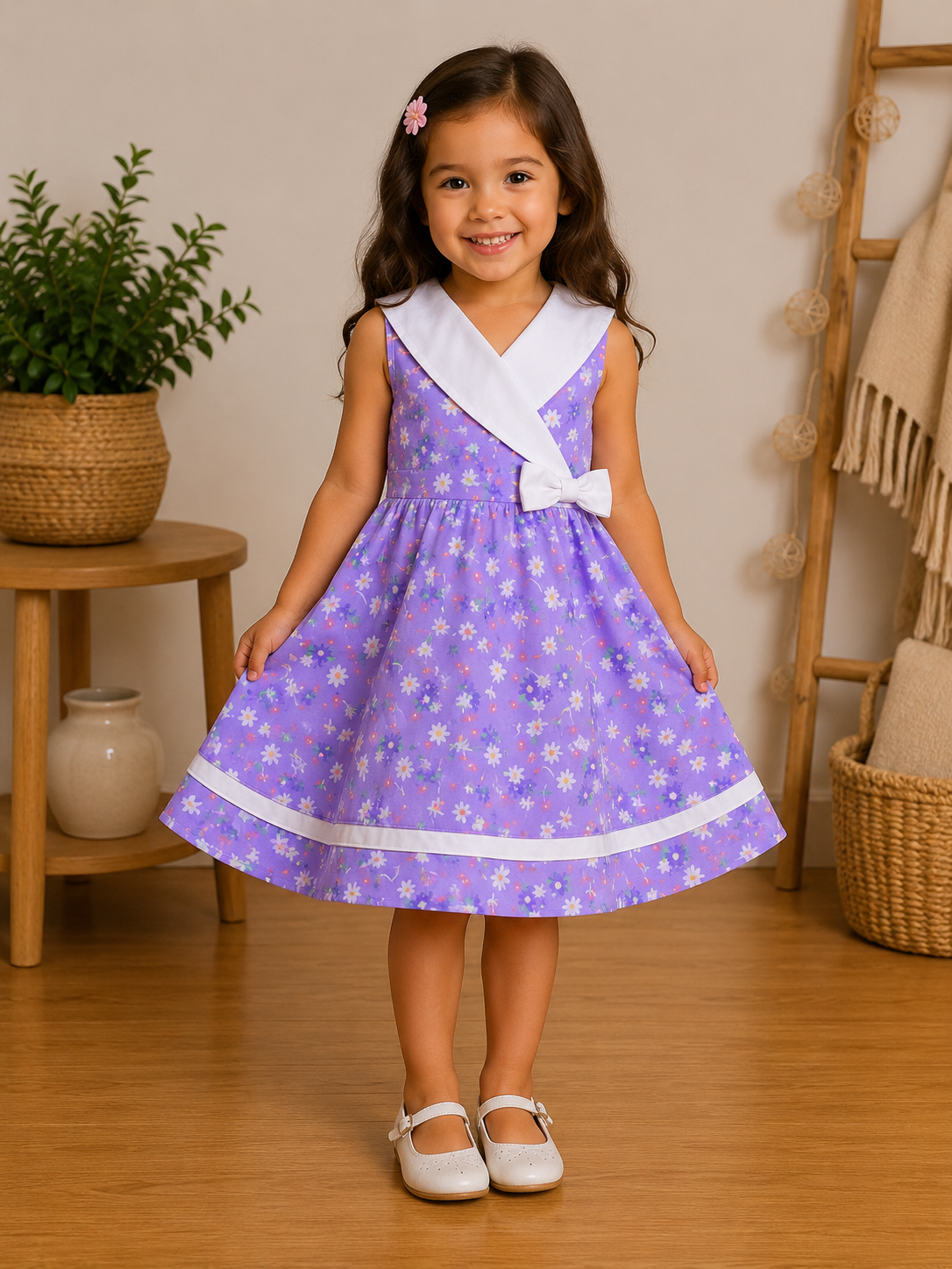 Robe Fille Violette à Col Marin Croisé et Marguerites – Clara