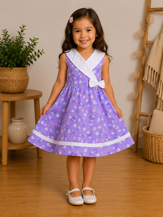 Robe Fille Violette à Col Marin Croisé et Marguerites – Clara