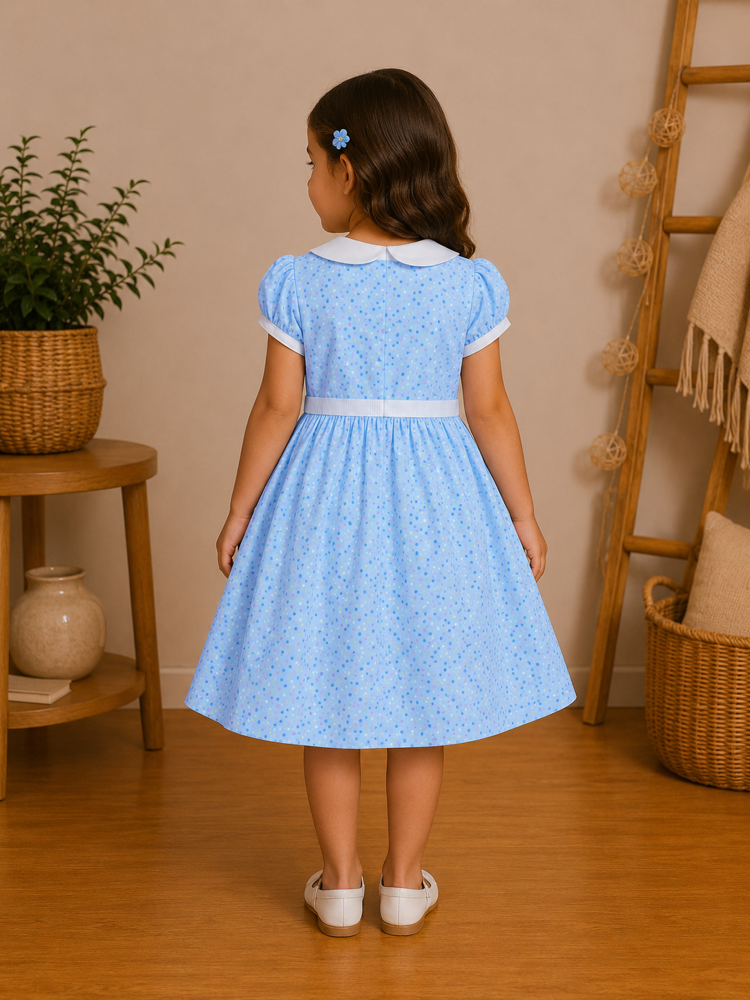 Robe Fille Bleue Ciel à Col Claudine et Micro-Motifs – Alice