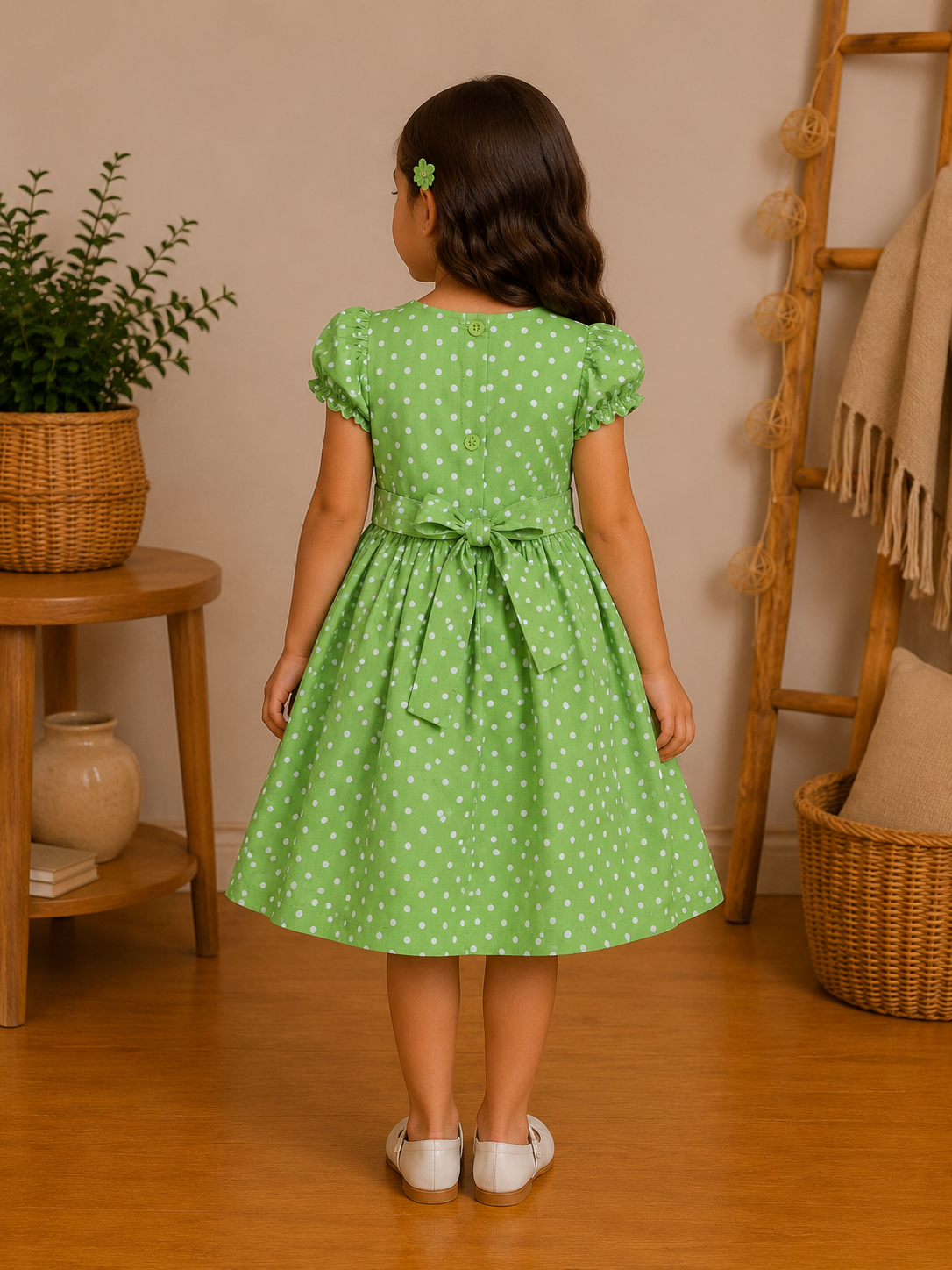 Robe Fille Verte à Pois Blancs et Buste Smocké – Chloé