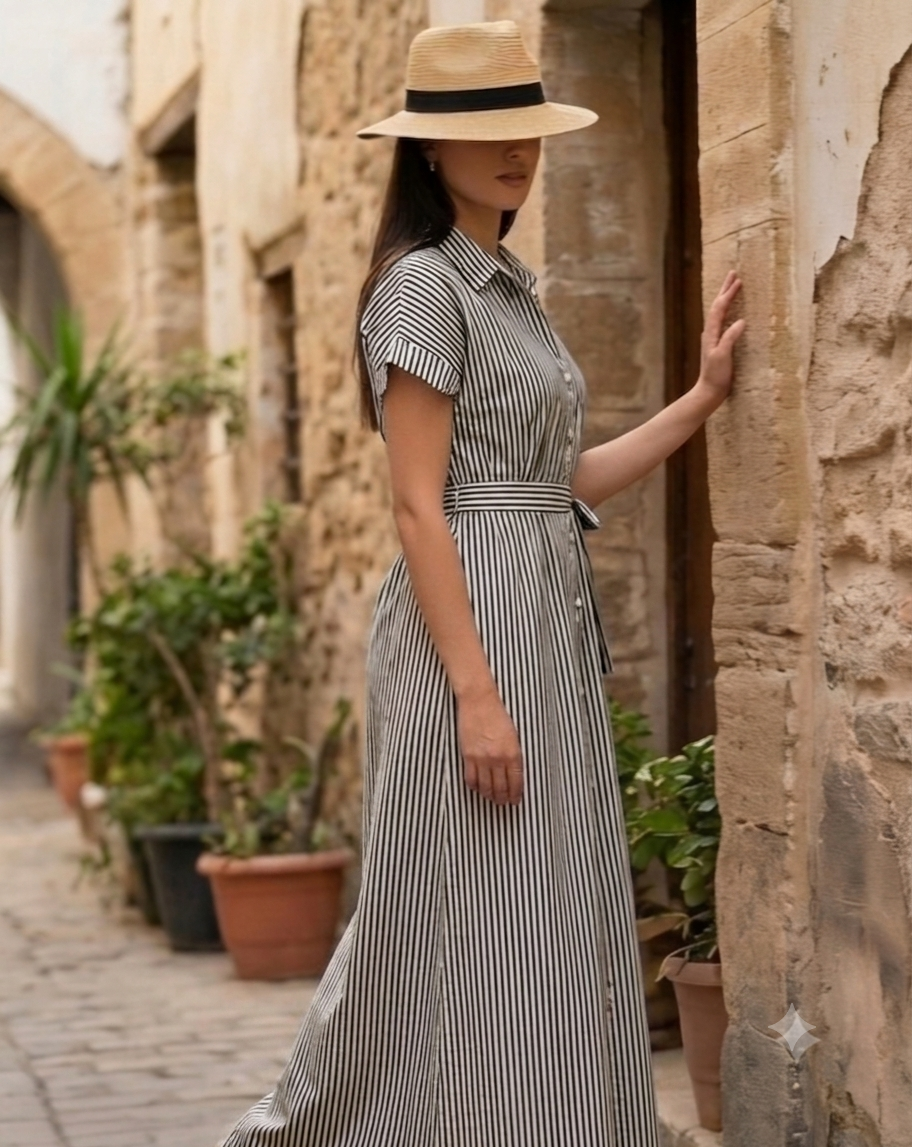 Robe Chemise Midi à Rayures – Le Chic Estival Intemporel