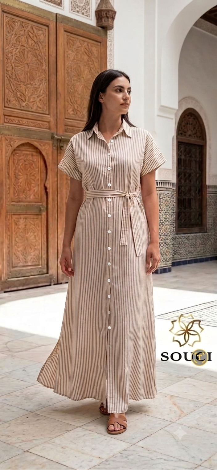 Robe Chemise Midi à Rayures – Le Chic Estival Intemporel