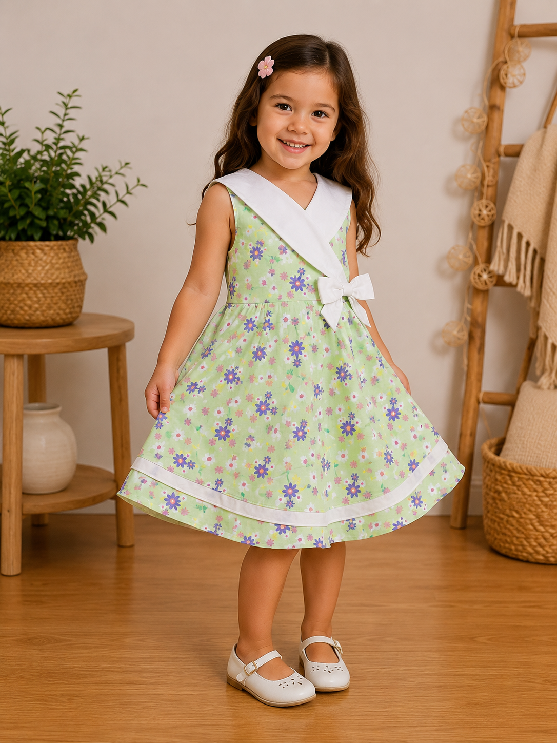 Robe Fille Verte à Col Marin Croisé et Petites Fleurs – Chloé