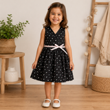 Robe Patineuse Noire à Motifs pour Fille – Édition Douceur Fleurie (avec Ceinture Ruban Rose)