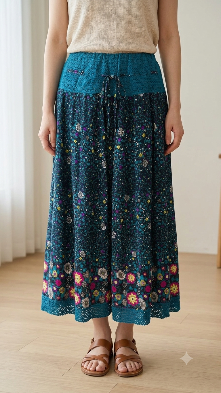 Jupe Longue Bohème Fleurie – Azur & Dentelle
