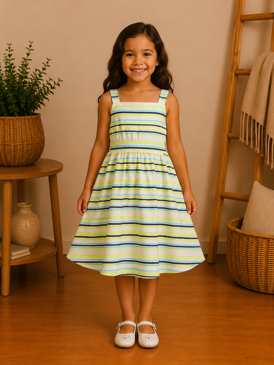 Robe fille d'Été à Bretelles et Rayures Marines Multicolores – Blanc, Bleu & Vert