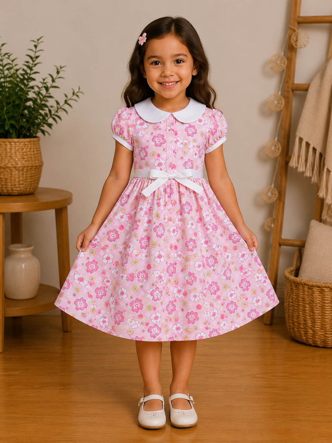 Robe Fille Rose à Fleurs Pastel et Col Claudine – Léna