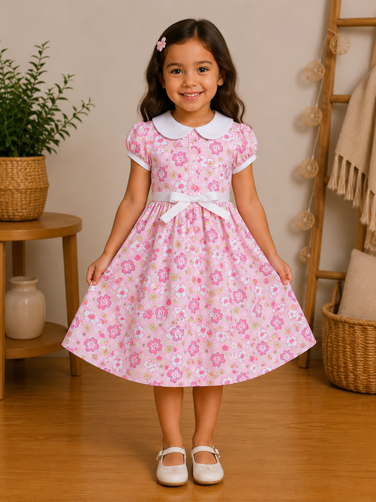 Robe Fille Rose à Fleurs Pastel et Col Claudine – Léna
