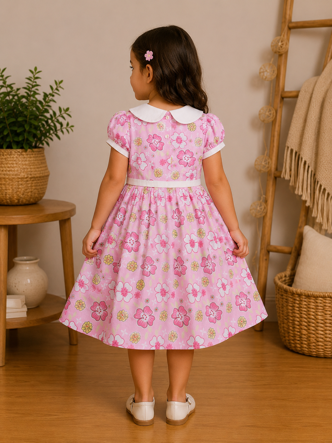 Robe Fille Rose à Fleurs Pastel et Col Claudine – Léna
