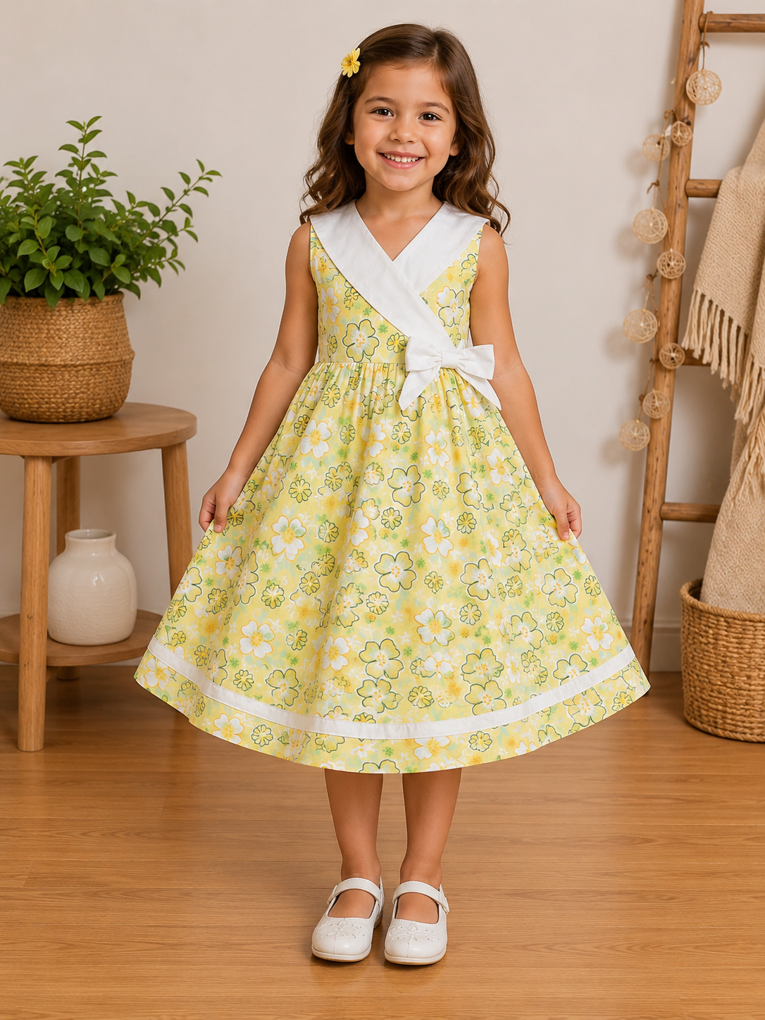 Robe Fille Jaune à Col Marin Croisé et Motifs Floraux – Léa