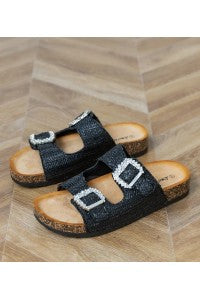 Sandales Arizona Brillantes à Boucles Strass – Noir & Liège