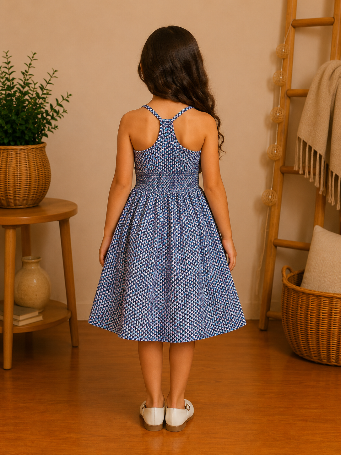 Robe fille d'Été à Bretelles Imprimé Géométrique et Finition Dentelle – Bleue