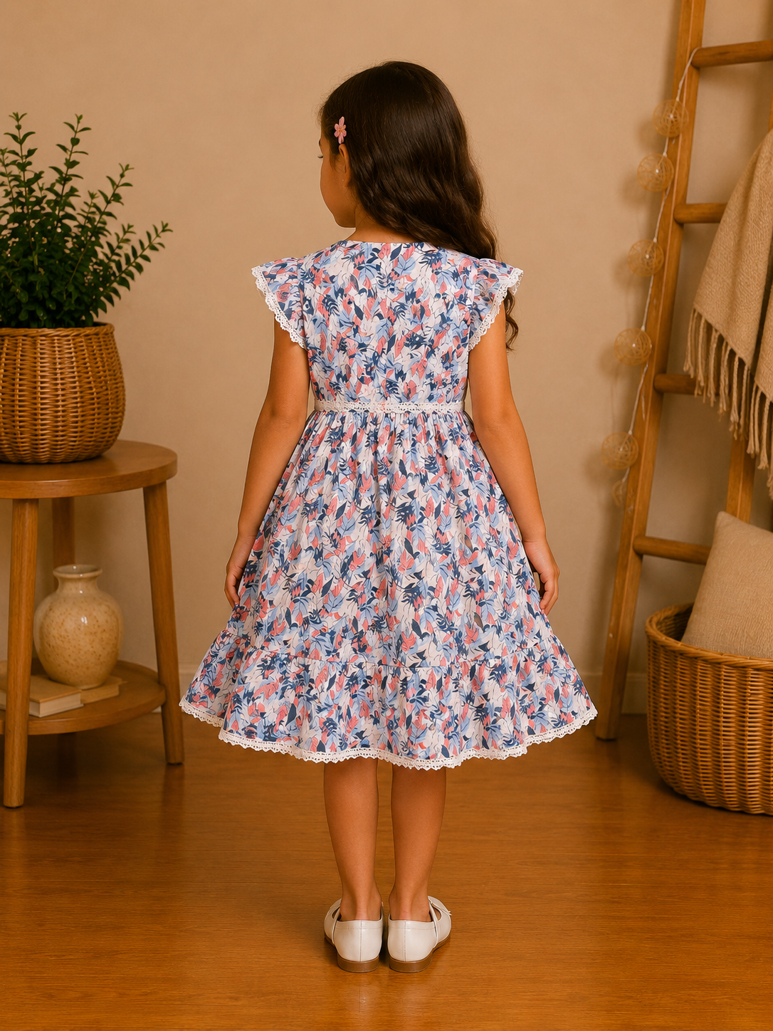Robe fille d'Été Fleurie à Manches Papillon et Galons de Dentelle – Multicolore