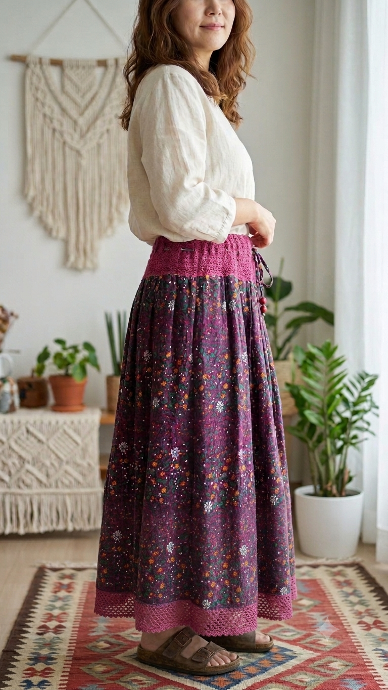Jupe Longue Bohème Fleurie – Azur & Dentelle