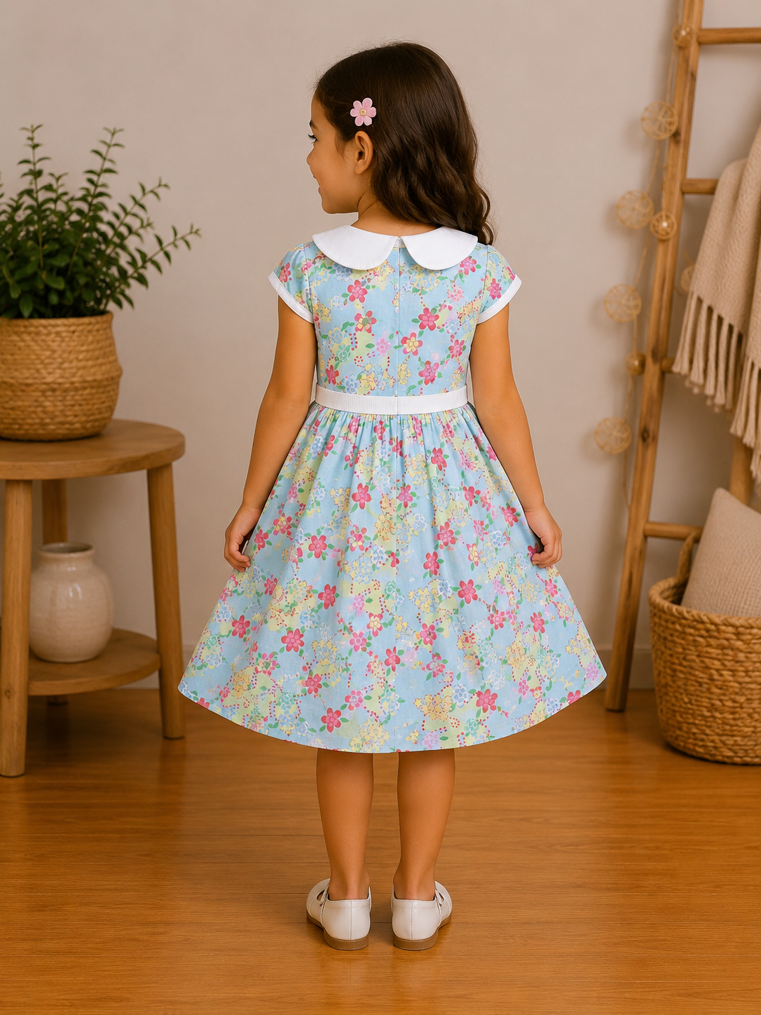 Robe fille d'été à motif floral et col Claudine – Fleurie Ciel