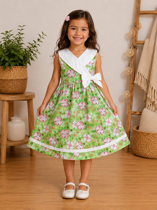 Robe Fille Verte à Col Marin Croisé et Fleurs Printanières – Jade
