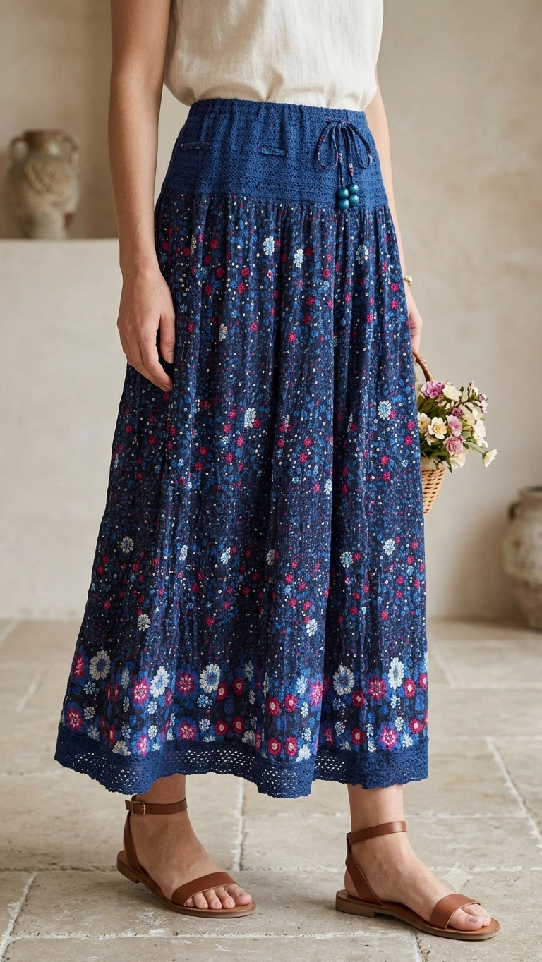 Jupe Longue Bohème Fleurie – Azur & Dentelle