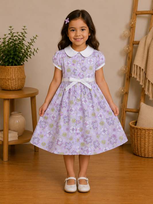 Robe Fille Lilas à Fleurs Pastel et Col Claudine – Emma