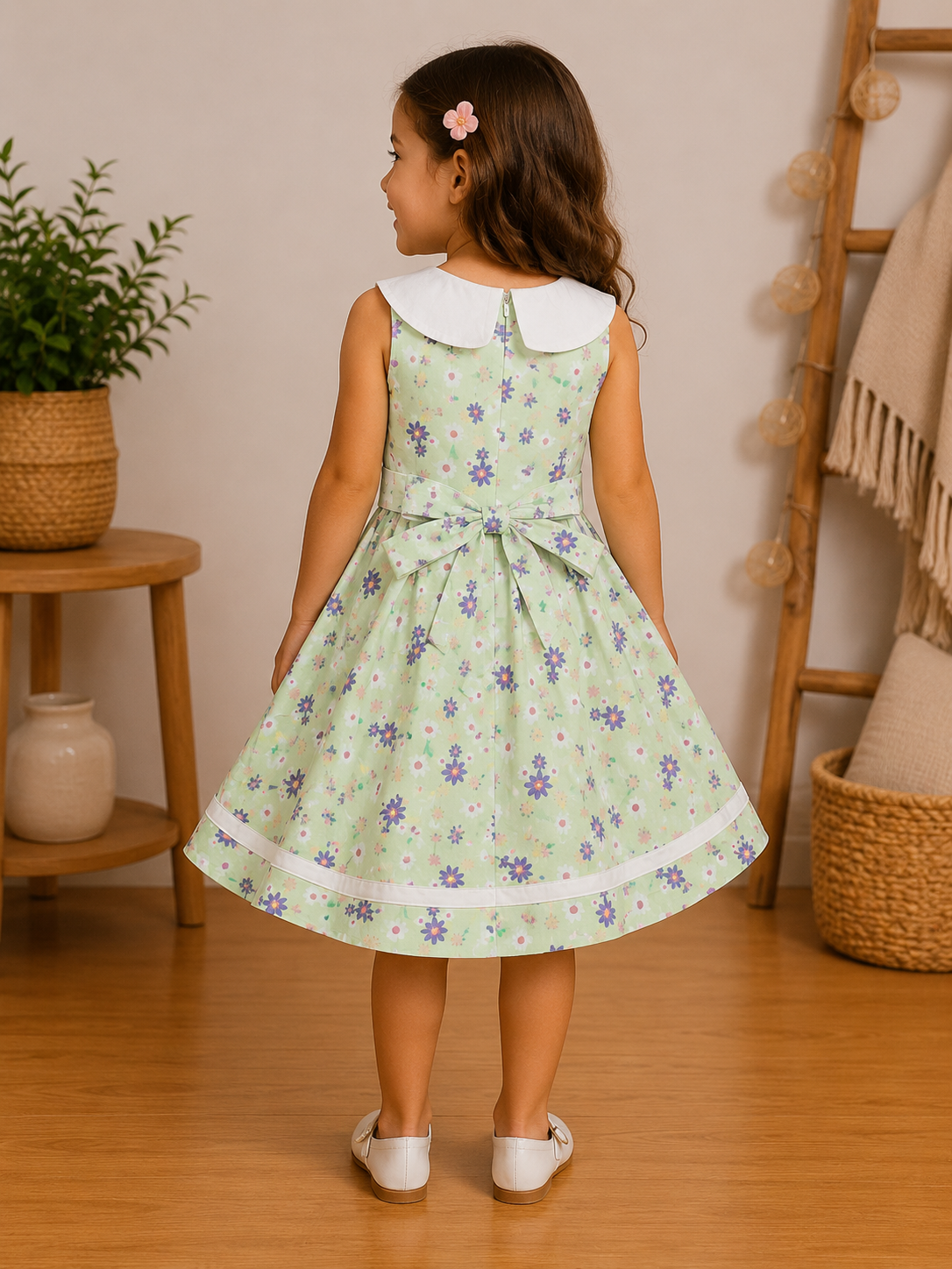 Robe Fille Verte à Col Marin Croisé et Petites Fleurs – Chloé