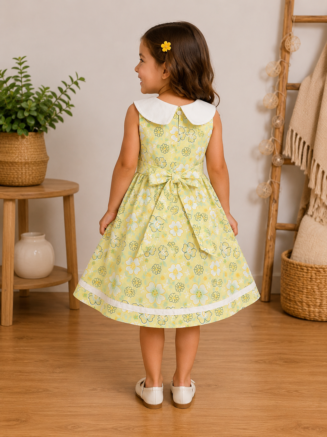 Robe Fille Jaune à Col Marin Croisé et Motifs Floraux – Léa
