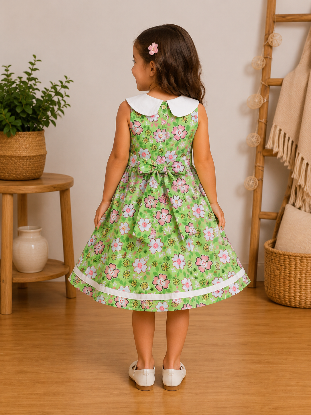 Robe Fille Verte à Col Marin Croisé et Fleurs Printanières – Jade