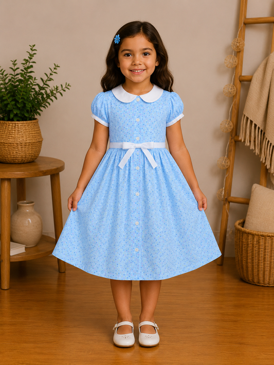 Robe Fille Bleue Ciel à Col Claudine et Micro-Motifs – Alice